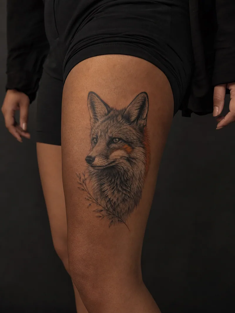 Realistic fox tattoo - A calm fox portrait uses soft fur shading and one warm rust accent.