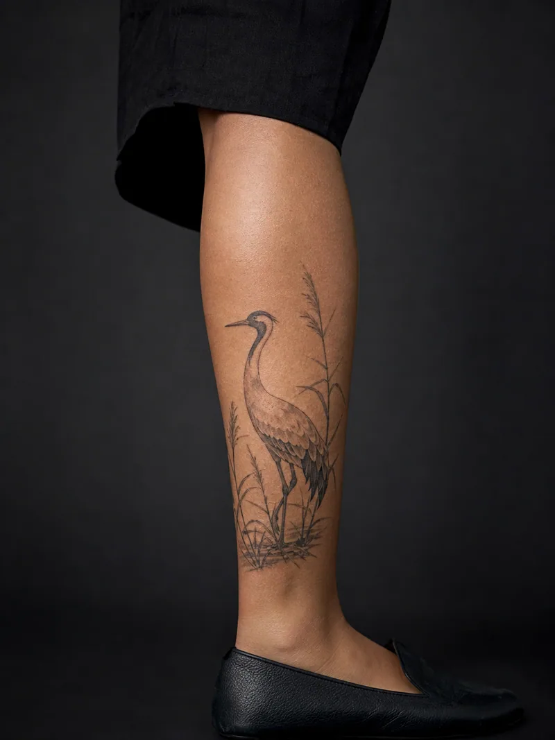 Crane and reeds tattoo - A standing crane rises through sparse reeds in a quiet vertical composition.