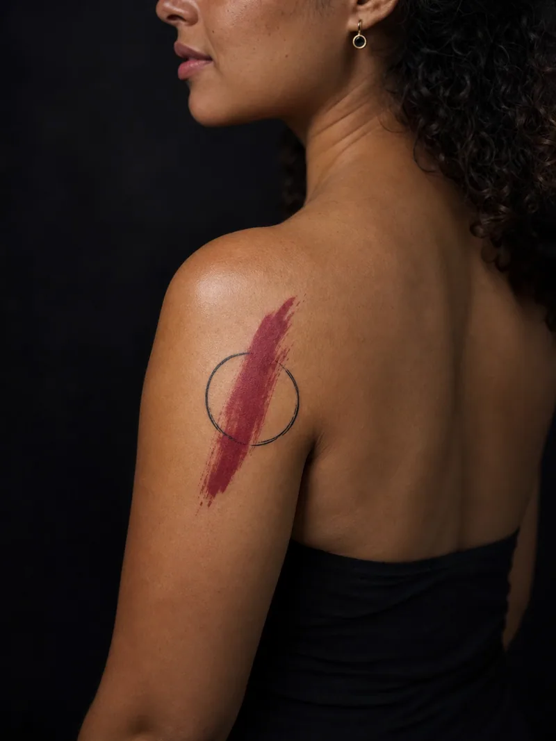 Red brush shoulder tattoo - A red brush gesture crosses a thin black circle with broad negative space.