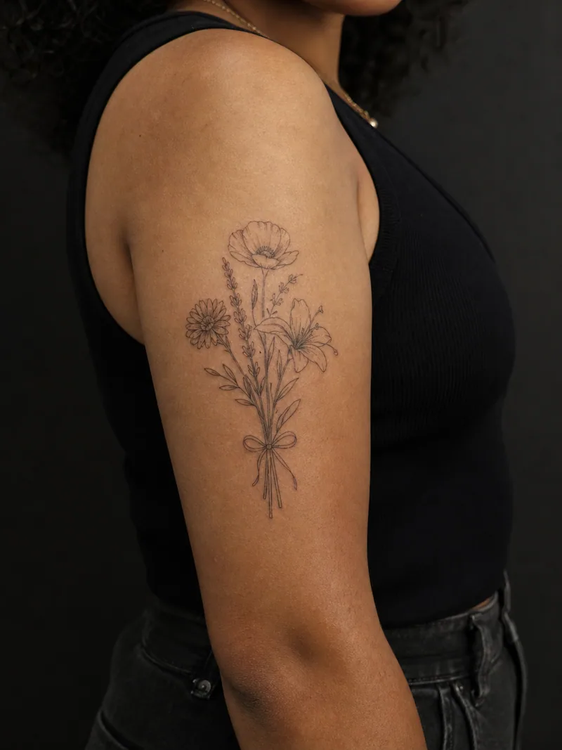 Birth flower bouquet tattoo - Three distinct birth flowers gather into a light bouquet tied by a ribbon.