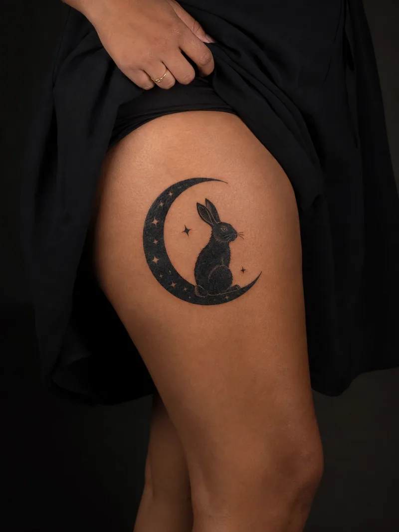 Moon rabbit tattoo - A rabbit silhouette sits inside a dark crescent cut with tiny stars.