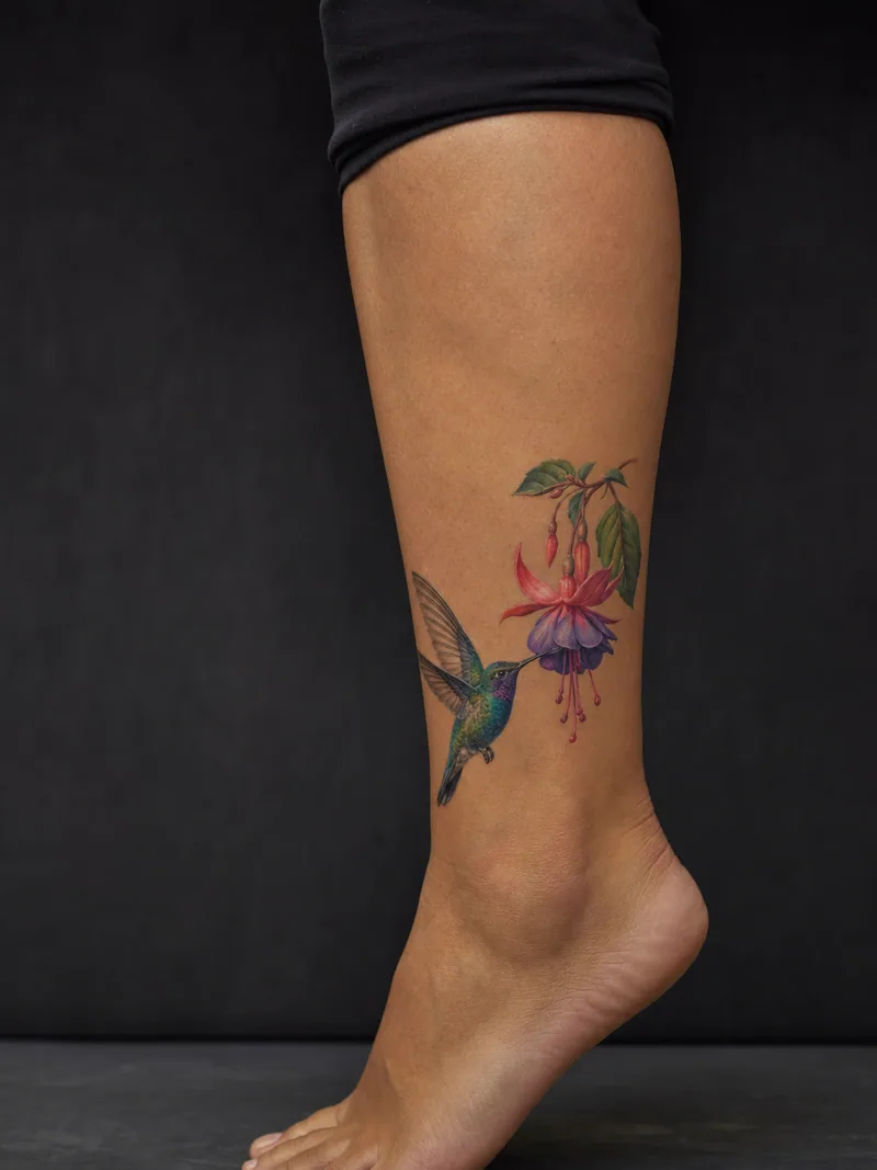 Hummingbird and fuchsia tattoo - A jewel-toned hummingbird hovers beside one hanging fuchsia blossom.