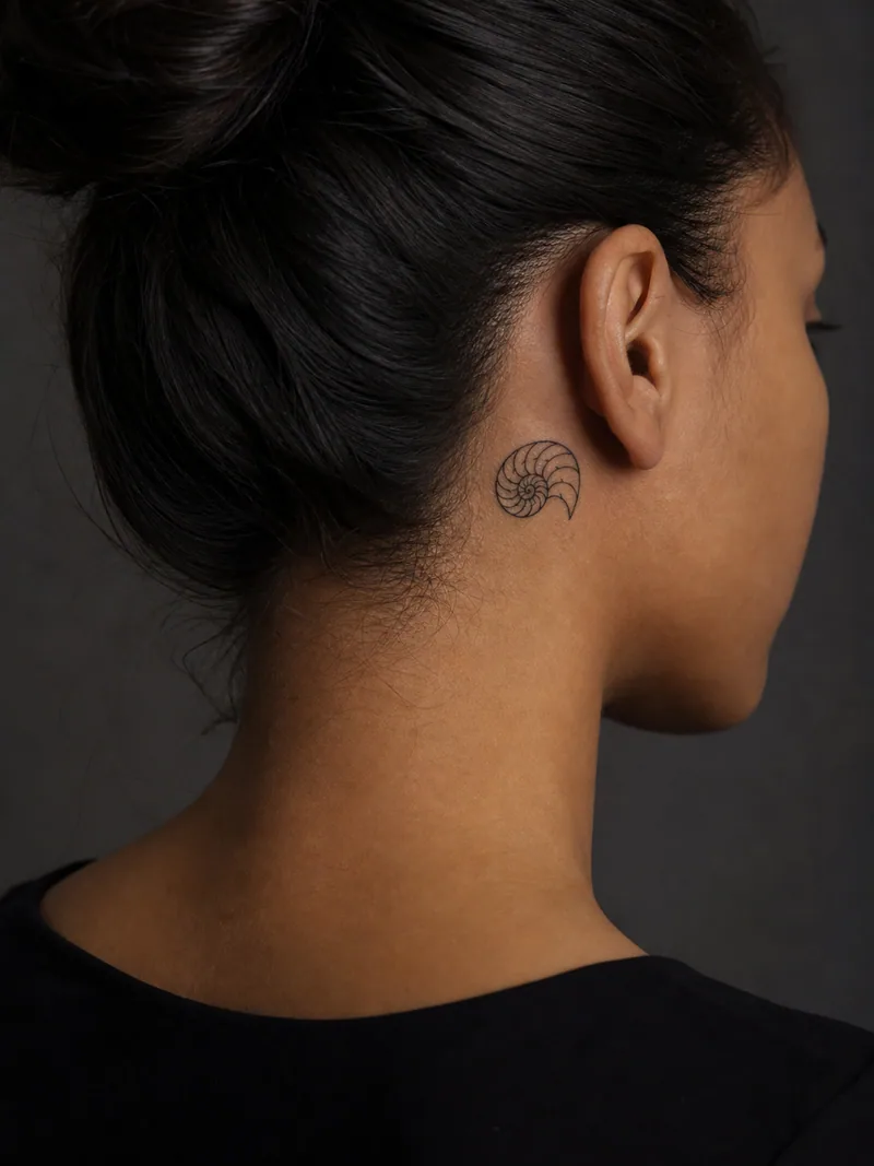 Minimal shell tattoo - A tiny nautilus contour fits neatly behind the ear without crowding.
