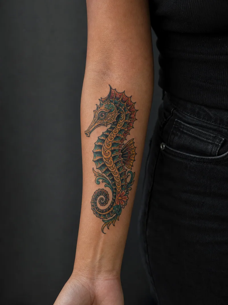 Neo-traditional seahorse tattoo - An ornate seahorse combines saturated marine color with a strong outline.