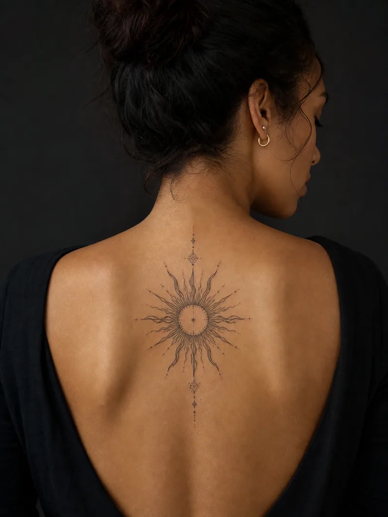 Ornamental sun tattoo - A radiant sun extends into balanced filigree rays and a soft dotted halo.