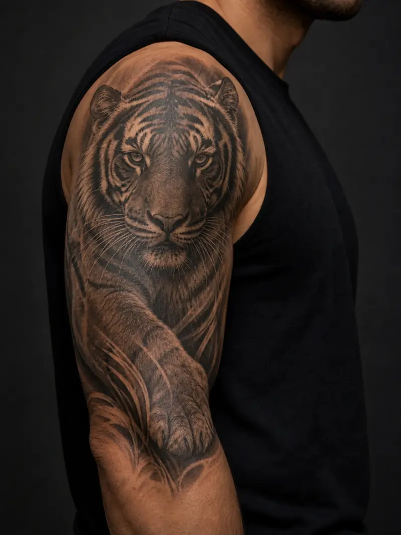 Black and grey tiger tattoo on a man's upper arm