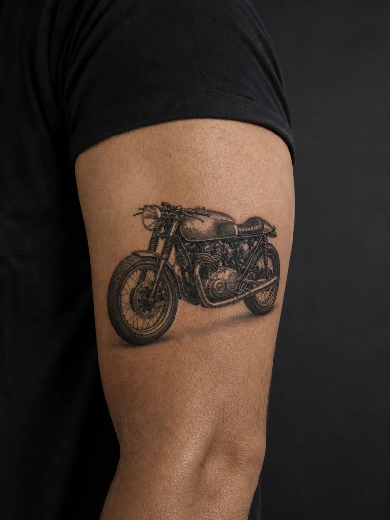 Motorcycle tattoo - A vintage cafe-racer keeps detailed metalwork without logos.