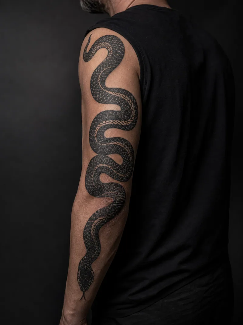 Serpent tricep tattoo - Bold coils run along the tricep through narrow skin-break scales.
