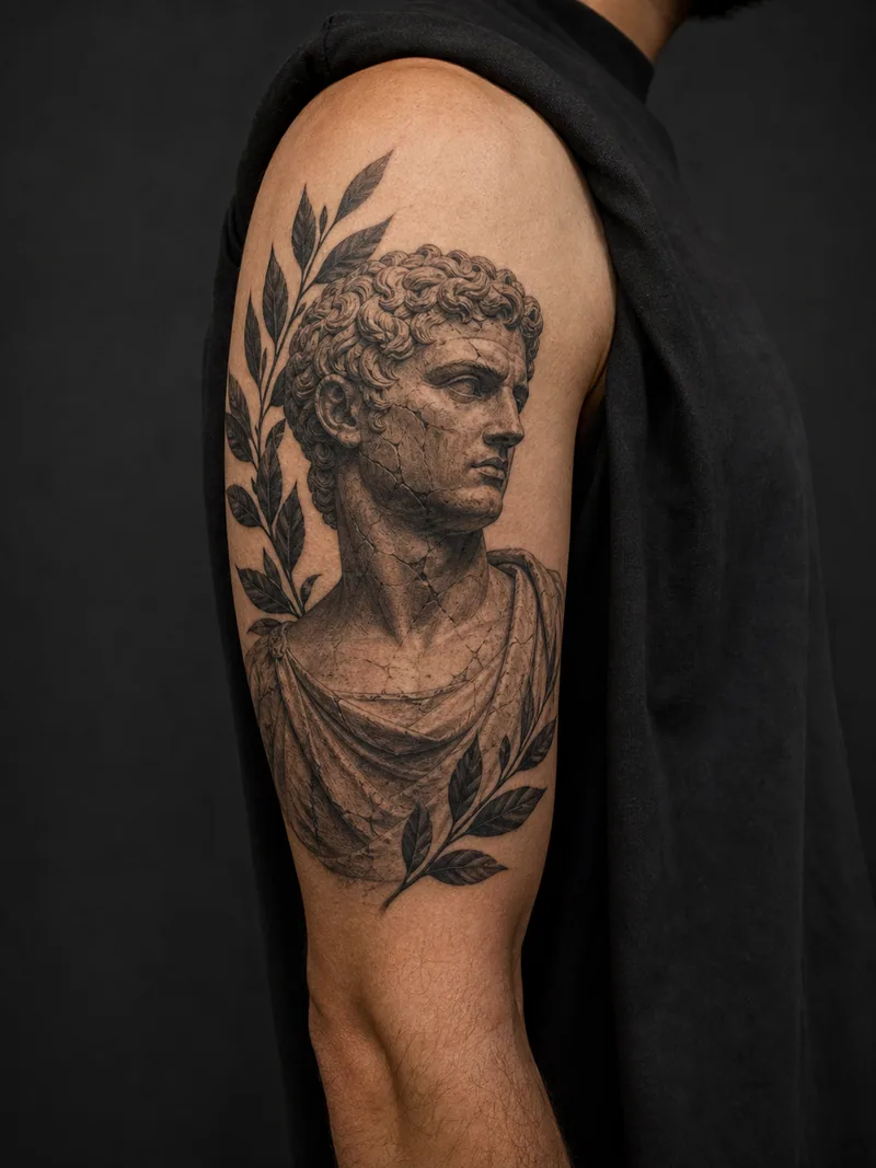 Roman bust tattoo - A cracked marble portrait sits against a dark laurel.