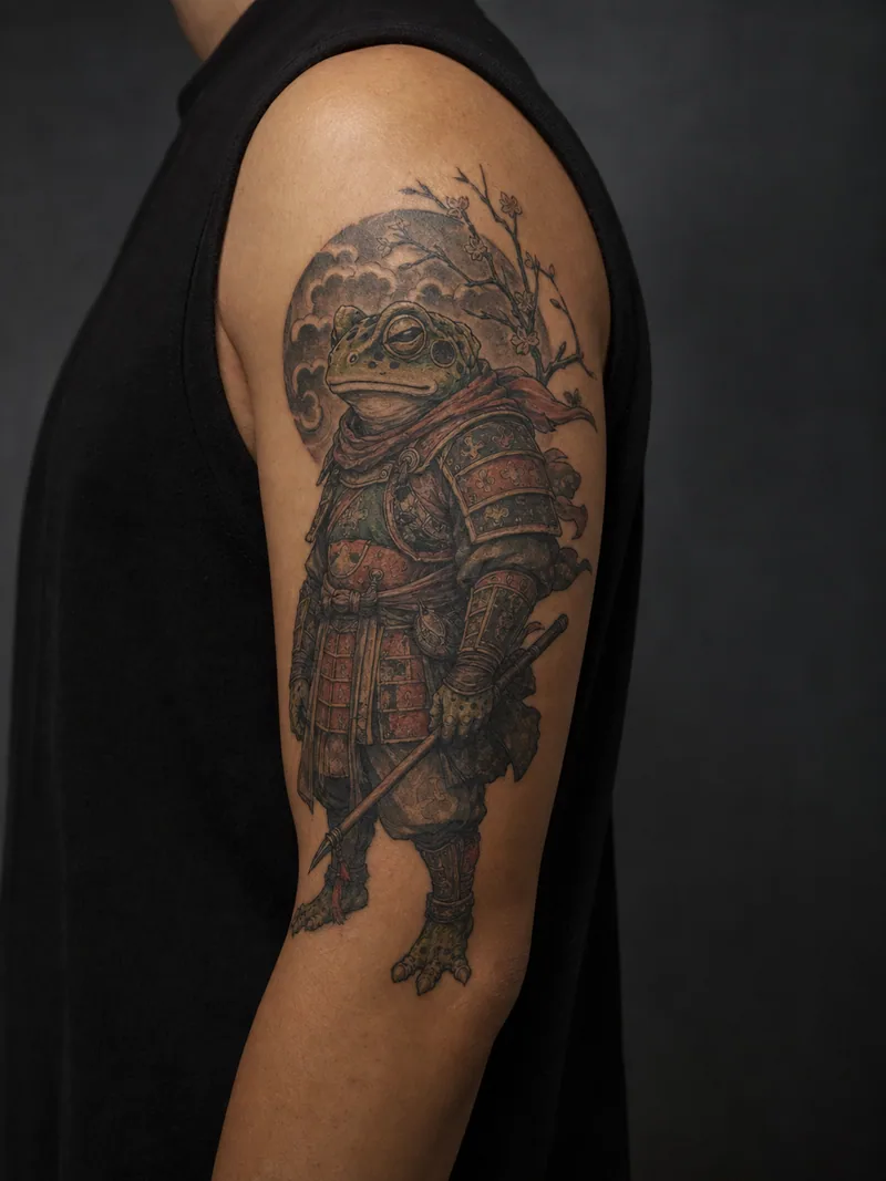Frog warrior tattoo - An armored frog holds a lowered spear in a compact scene.
