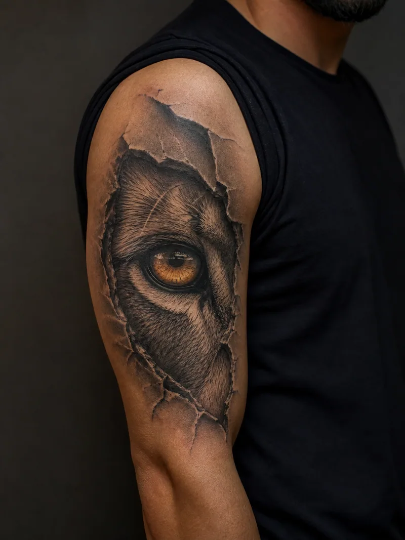 Lion eye tattoo - A lion eye appears through torn-stone shading with one amber focus.