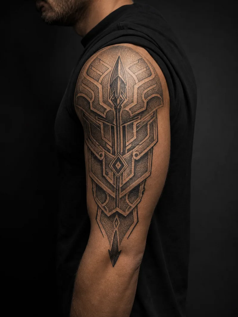 Ornamental armor tattoo - Spear-shaped geometry forms a fitted deltoid panel.