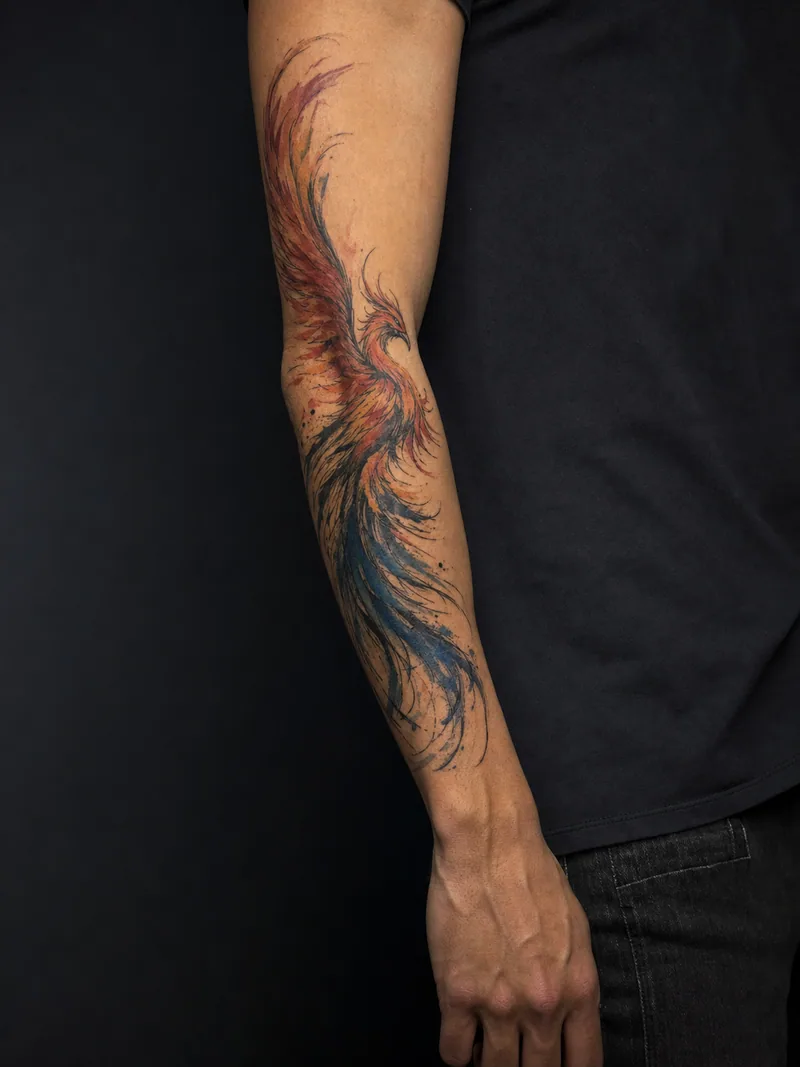 Watercolor phoenix tattoo - A black line structure carries loose color upward along the arm.