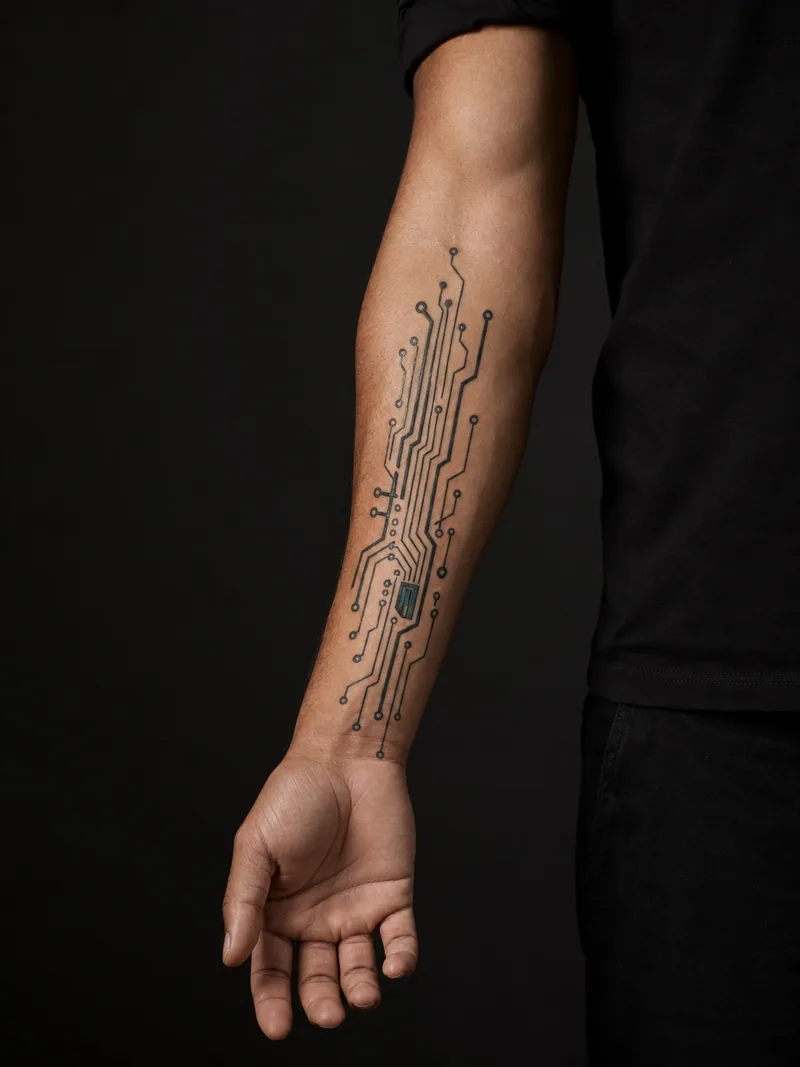 Circuit board tattoo - Precise paths and nodes create a technical pattern without text.