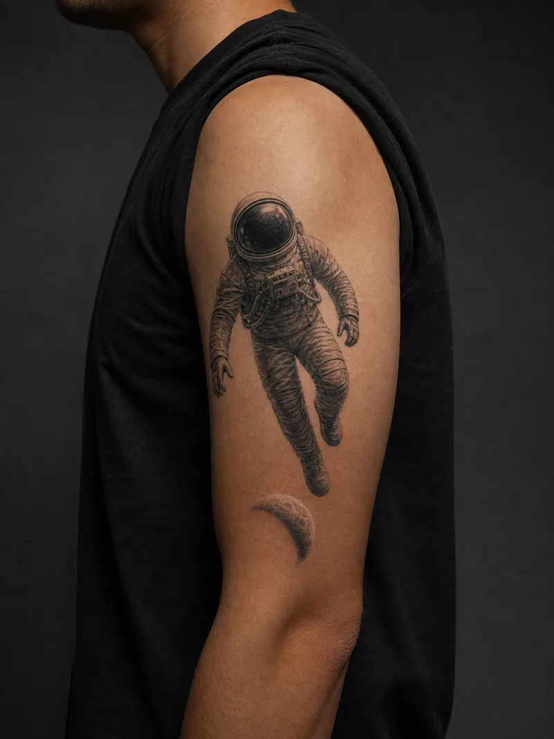 Astronaut arm tattoo - An unbranded astronaut drifts above a crescent planet.