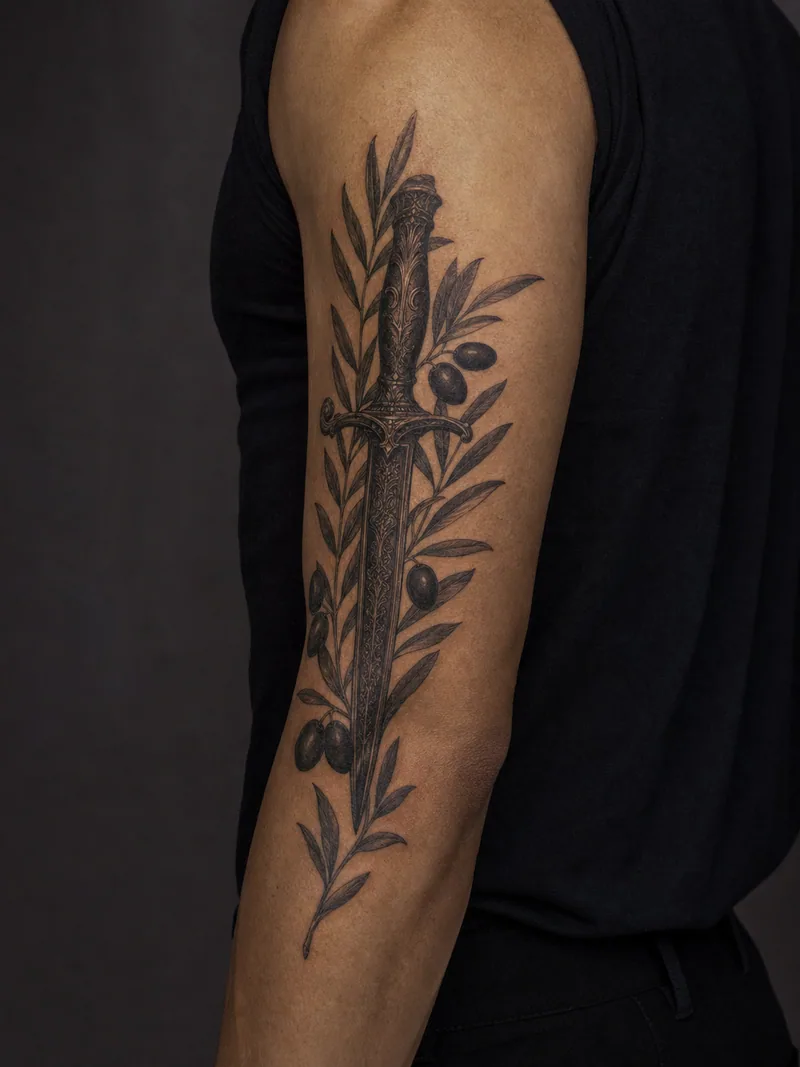 Botanical dagger tattoo - An engraved blade and olive leaves follow the tricep vertically.