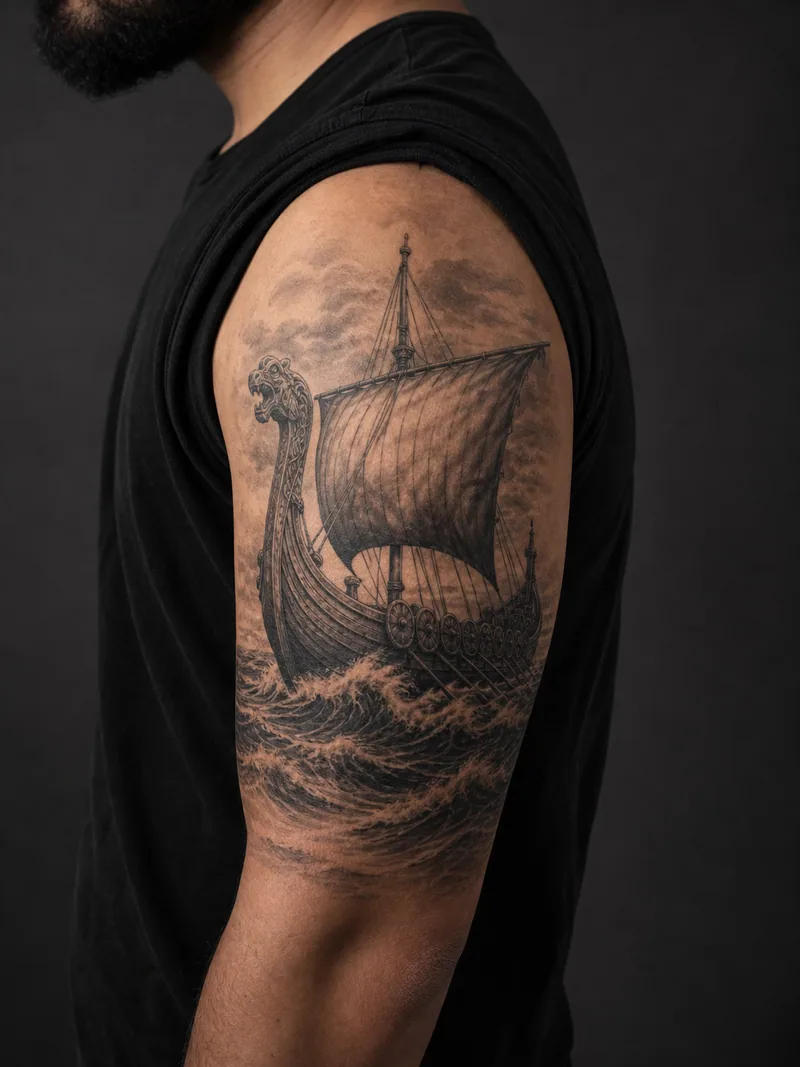 Norse longship tattoo - A wind-filled longship crosses carved waves without runes.
