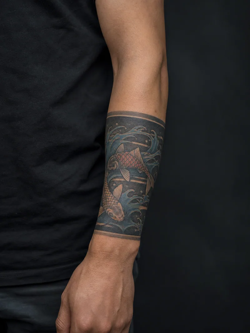 Koi forearm band tattoo - Two koi circle through water bars in a true wraparound band.