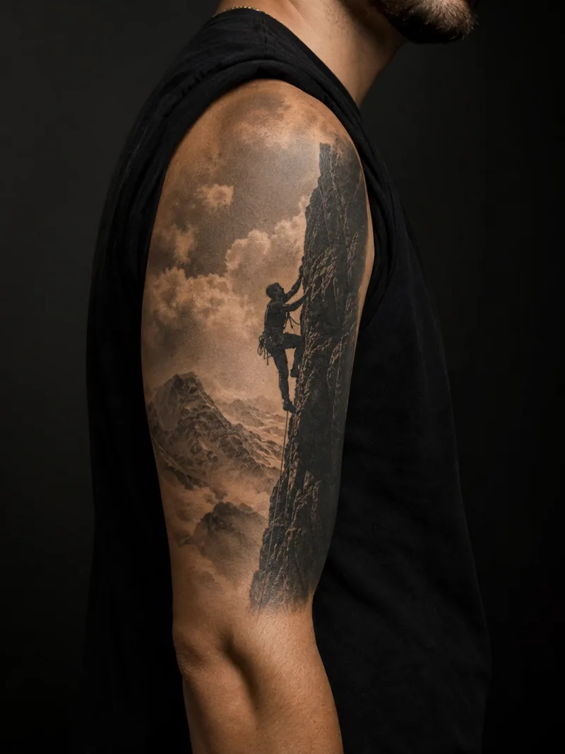 Mountain climber tattoo - A climber silhouette ascends a narrow rock face.