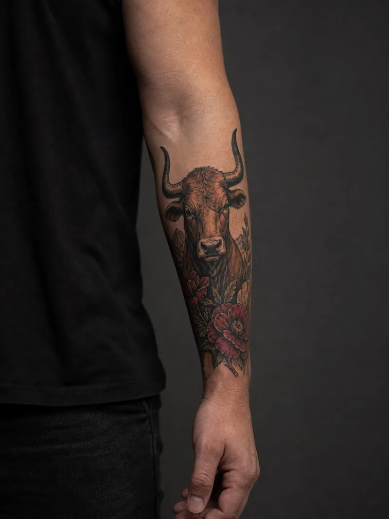 Bull forearm tattoo - A bull head and desert flowers fill a strong forearm shape.