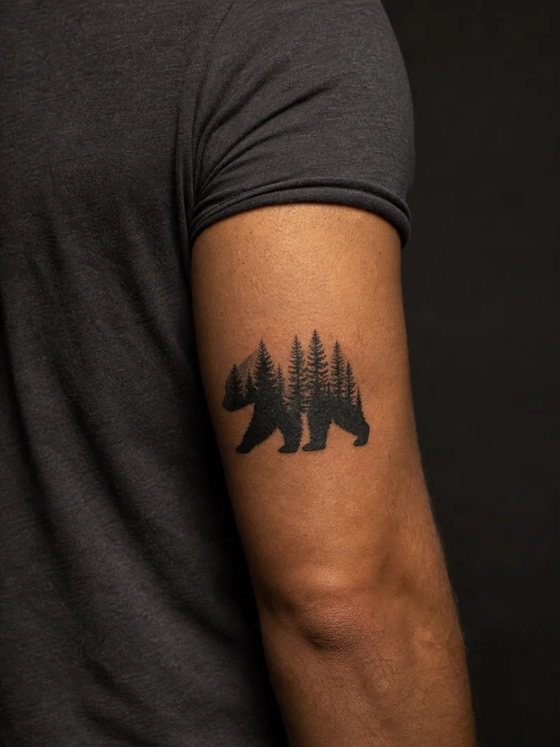 Forest bear tattoo - Pine-tree skin breaks cut through a compact bear silhouette.