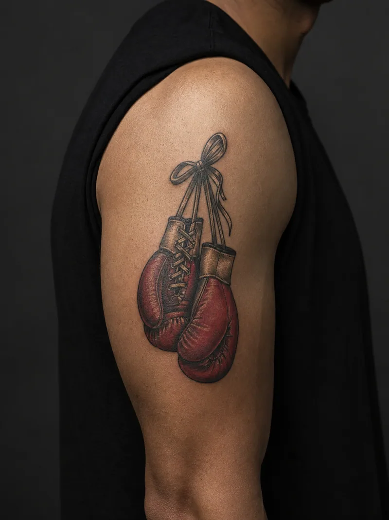 Boxing gloves tattoo - Two tied gloves form a clear old-school emblem.