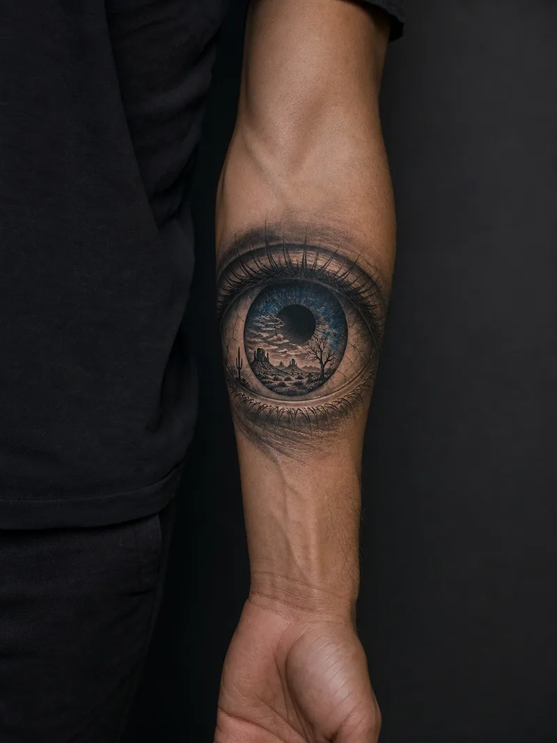 Surreal eye tattoo - A desert landscape sits inside an eye with a cobalt iris ring.