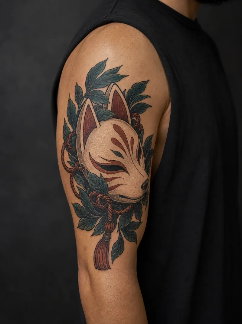Kitsune mask tattoo - A kitsune mask is framed by dark teal leaves.