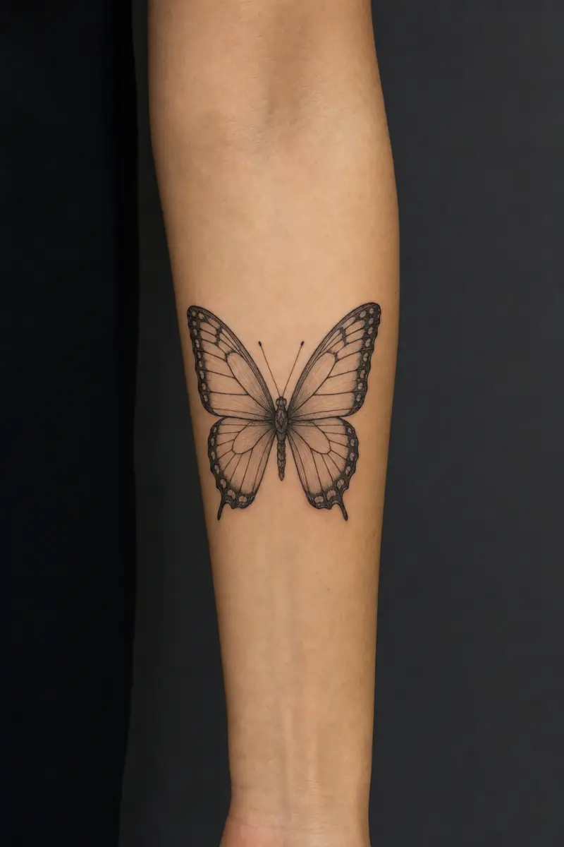 A 10 cm butterfly tattoo on a forearm