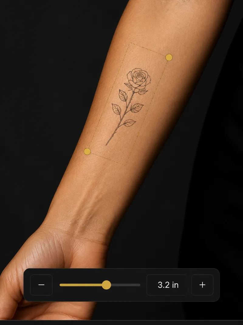 Try-on tool: a fine-line rose placed on a forearm, sized at 3.2 inches